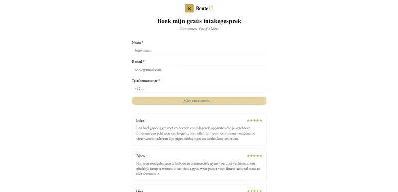 Intakepagina van Route27 met het formulier ‘Boek mijn gratis intakegesprek’ en daaronder reviews van leden.