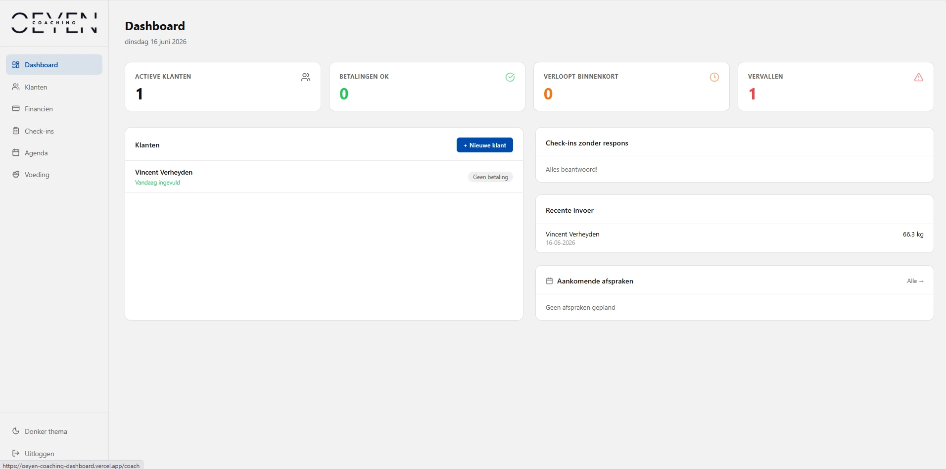 Oeyen Coaching dashboard overzicht
