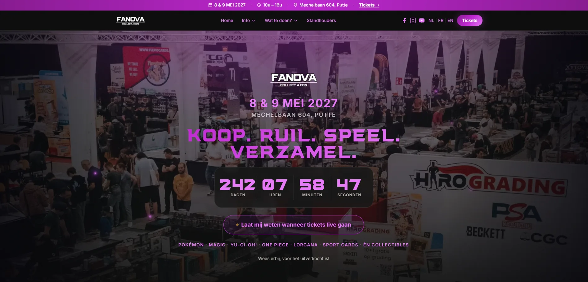 Fanova homepage met live aftellende klok