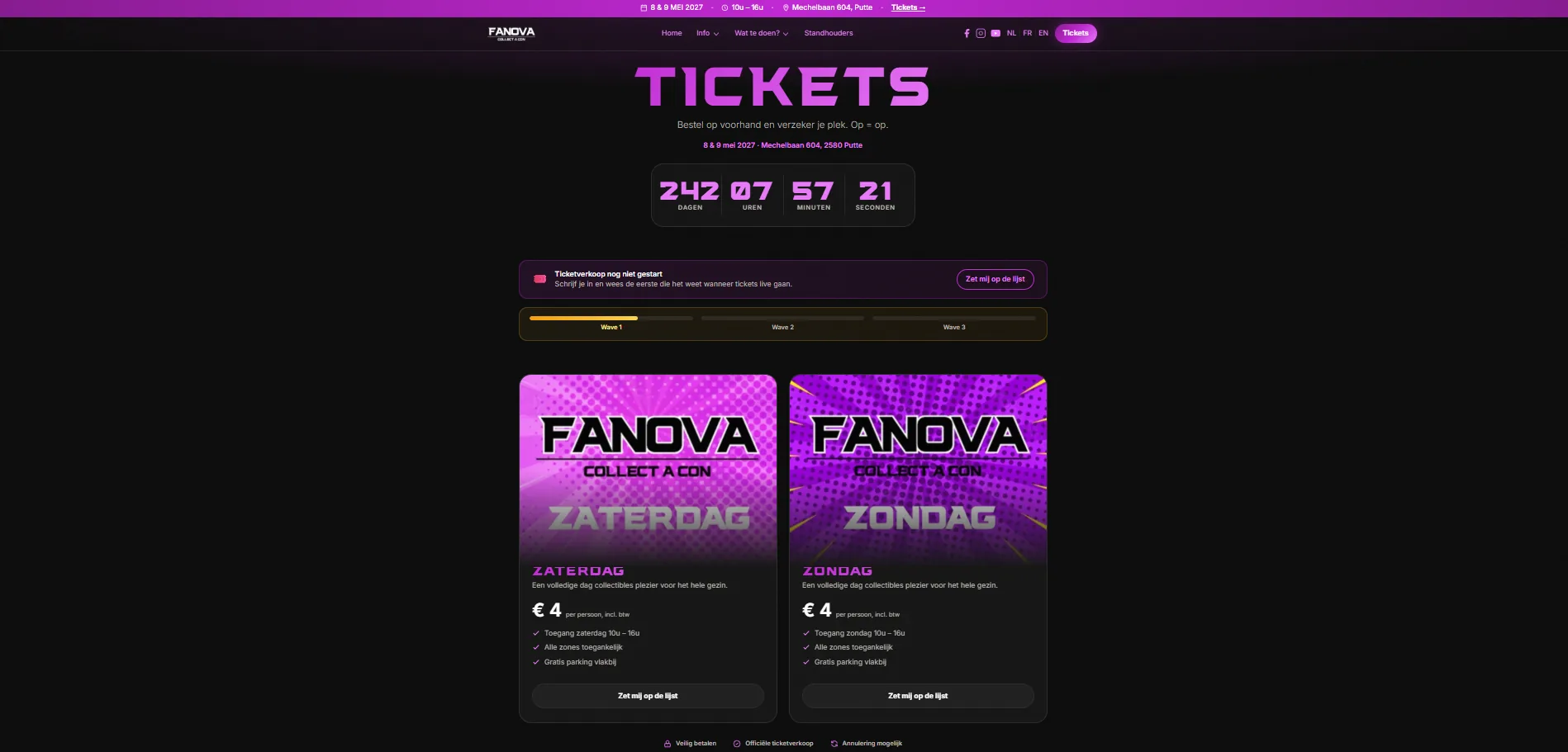 Fanova ticketpagina met waves en Stripe integratie