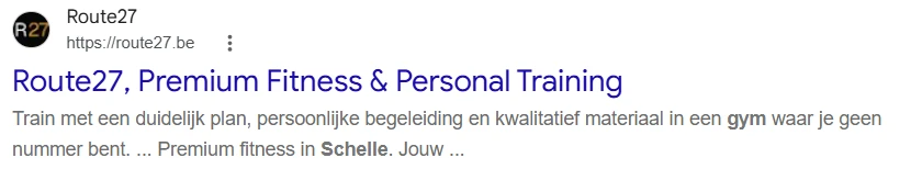 Zoekresultaat in Google voor Route27: de titel noemt Premium Fitness en Personal Training, de beschrijving vermeldt gym en Schelle
